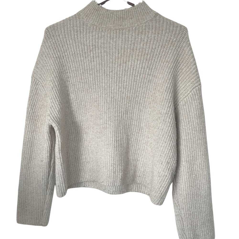H&M Sweater Womens Size XS Oversized Beaded Cropped High Neck Nude